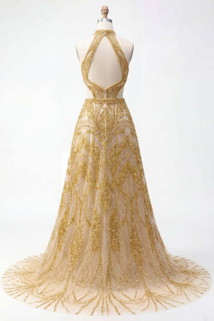 Sparkly Golden Halter Neck A Line Long Prom Dress