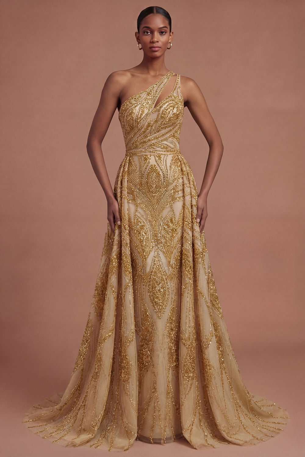 Leely Women One Shoulder Sparkly Golden A Line Long Prom Dress Backless Sleeveless Gala Dress