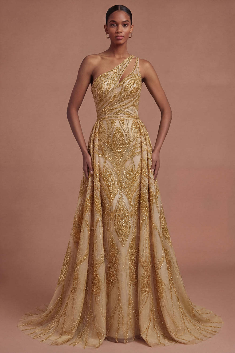 Leely Women One Shoulder Sparkly Golden A Line Long Prom Dress Backless Sleeveless Gala Dress