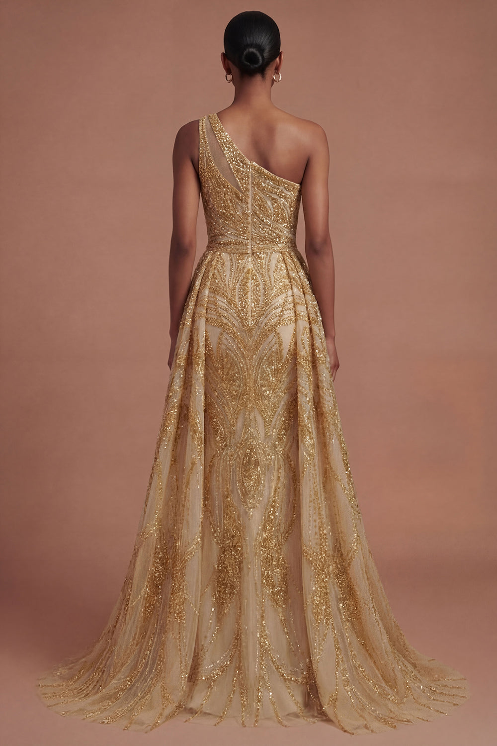 One Shoulder Sparkly Golden A Line Long Prom Dress