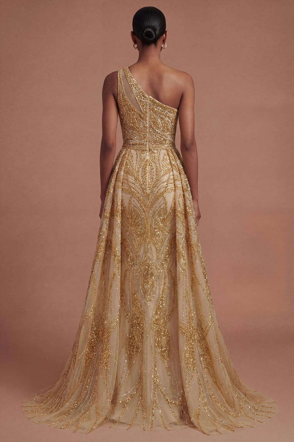 One Shoulder Sparkly Golden A Line Long Prom Dress