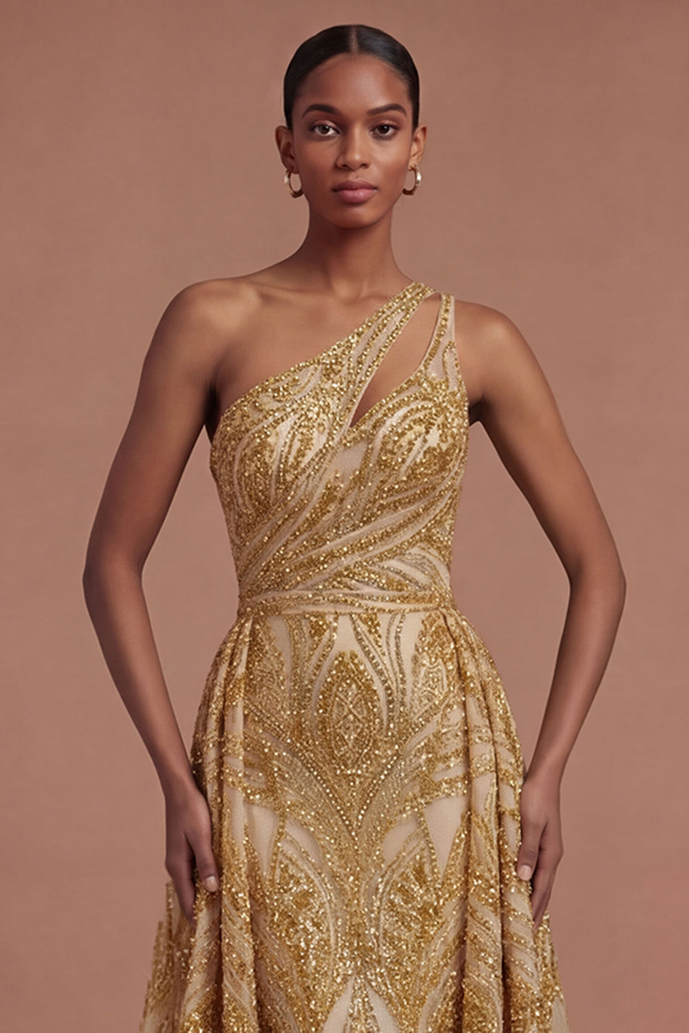 One Shoulder Sparkly Golden A Line Long Prom Dress