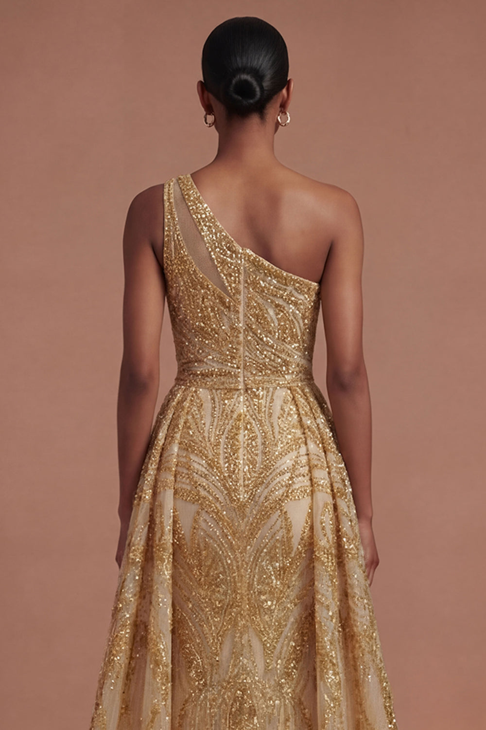 One Shoulder Sparkly Golden A Line Long Prom Dress
