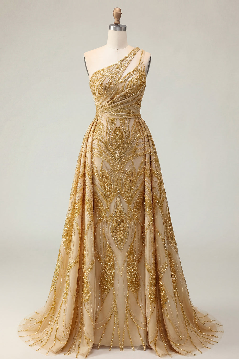 One Shoulder Sparkly Golden A Line Long Prom Dress