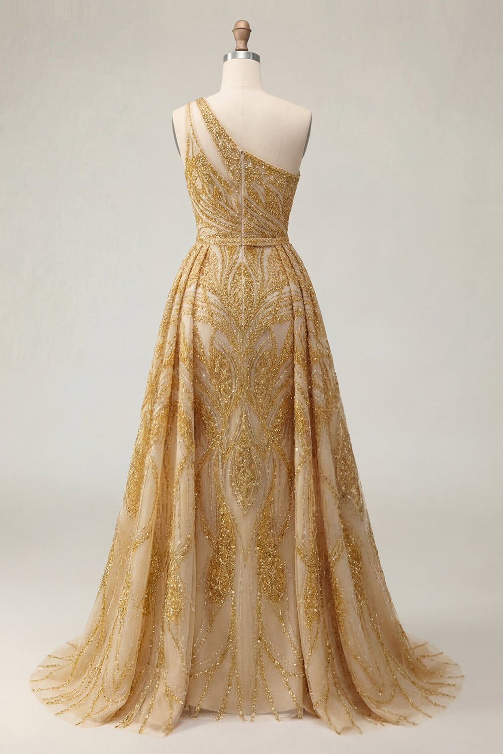 One Shoulder Sparkly Golden A Line Long Prom Dress