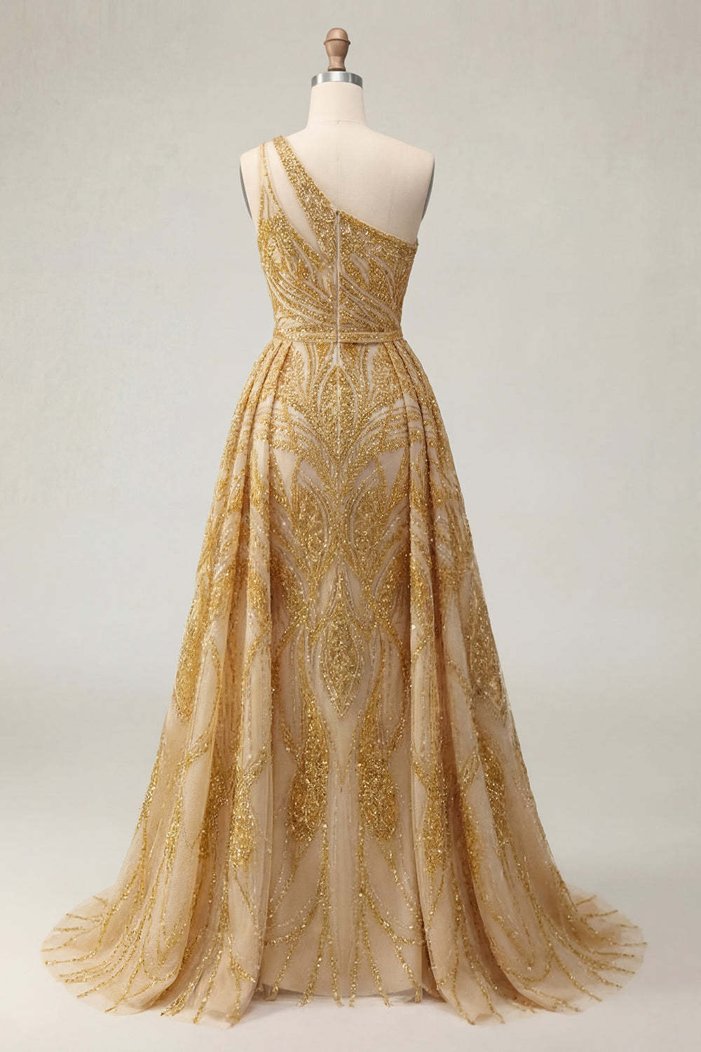 One Shoulder Sparkly Golden A Line Long Prom Dress