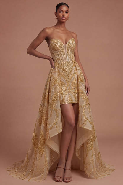 Leely Women Corset Golden Sweetheart High Low Prom Dress Sparkly Sequined Backless Gala Dress