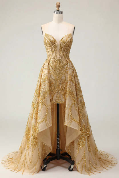 Corset Golden Sweetheart High Low Prom Dress