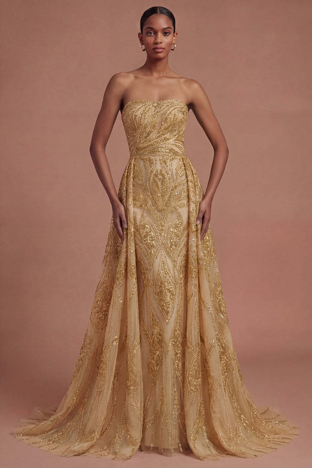 Leely Women A Line Strapless Golden Sparkly Sequined Long Prom Dress Backless Sleeveless Gala Dress