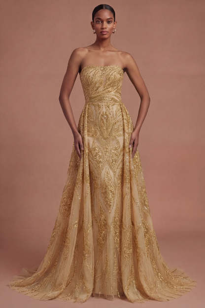 Leely Women A Line Strapless Golden Sparkly Sequined Long Prom Dress Backless Sleeveless Gala Dress