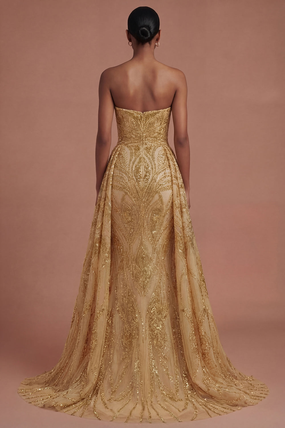 A Line Strapless Golden Sparkly Sequined Long Prom Dress