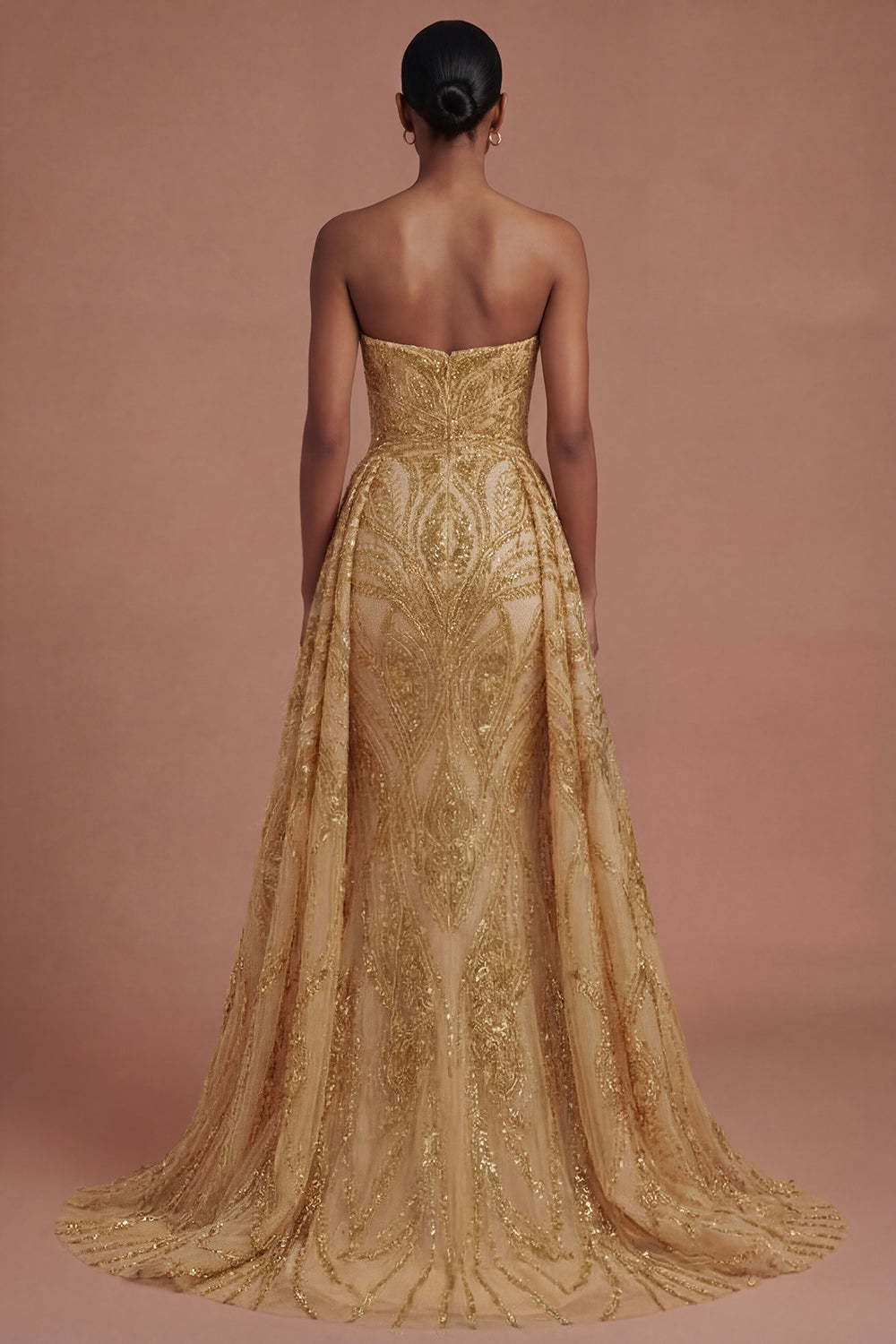 A Line Strapless Golden Sparkly Sequined Long Prom Dress