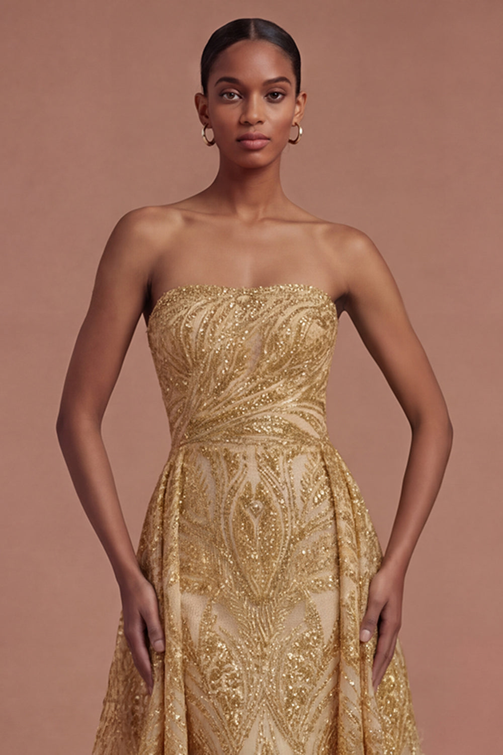 A Line Strapless Golden Sparkly Sequined Long Prom Dress