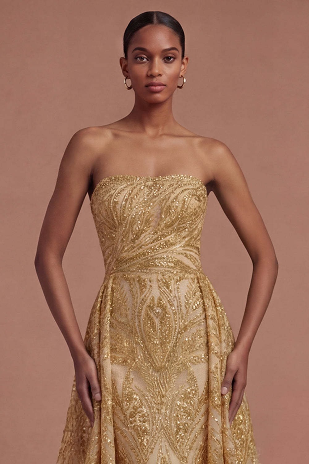 A Line Strapless Golden Sparkly Sequined Long Prom Dress
