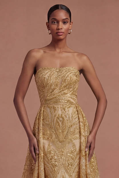 A Line Strapless Golden Sparkly Sequined Long Prom Dress