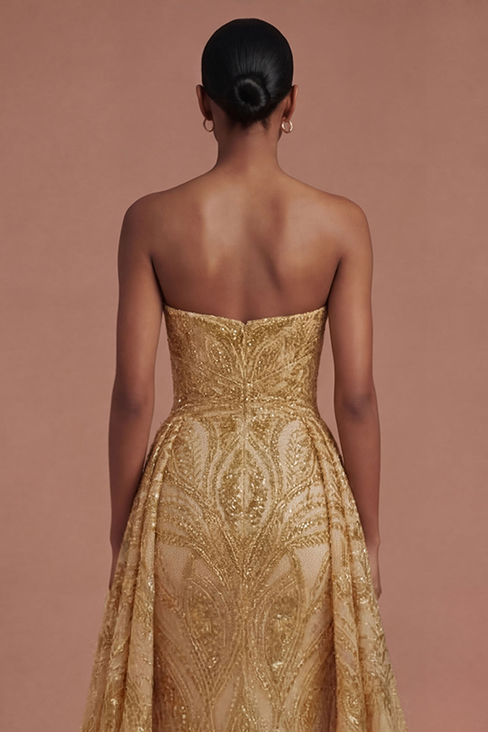 A Line Strapless Golden Sparkly Sequined Long Prom Dress