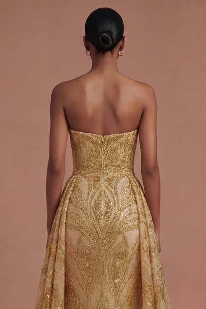 A Line Strapless Golden Sparkly Sequined Long Prom Dress