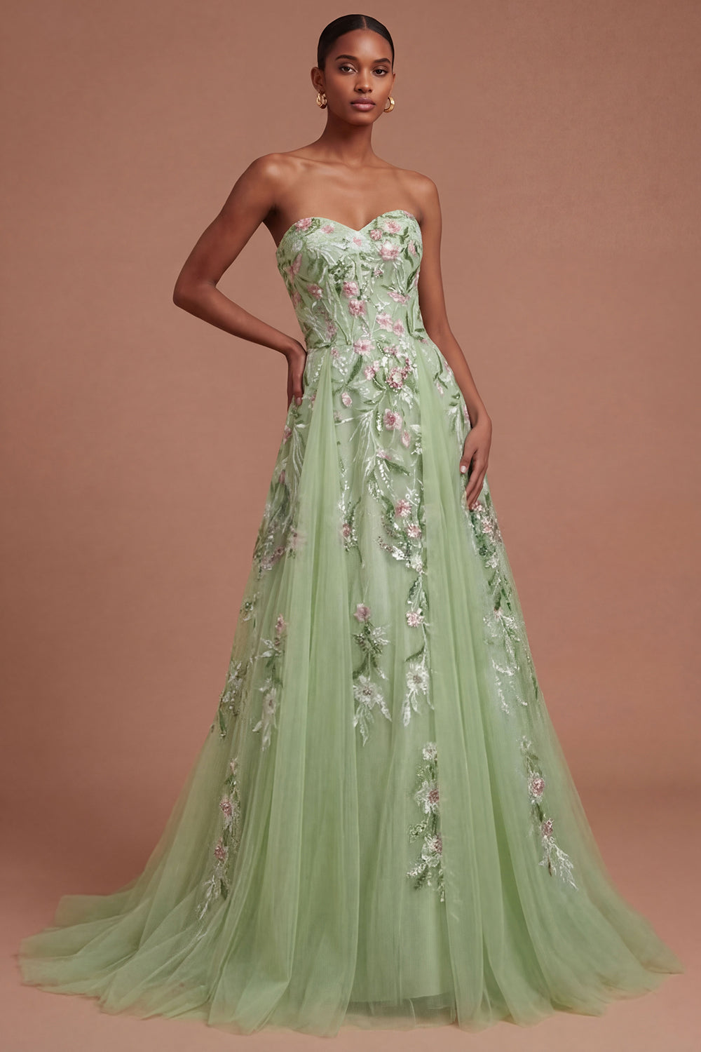 Leely Women Floral A Line Green Sweetheart Long Prom Dress Appliqued Backless Sleeveless Evening Dress