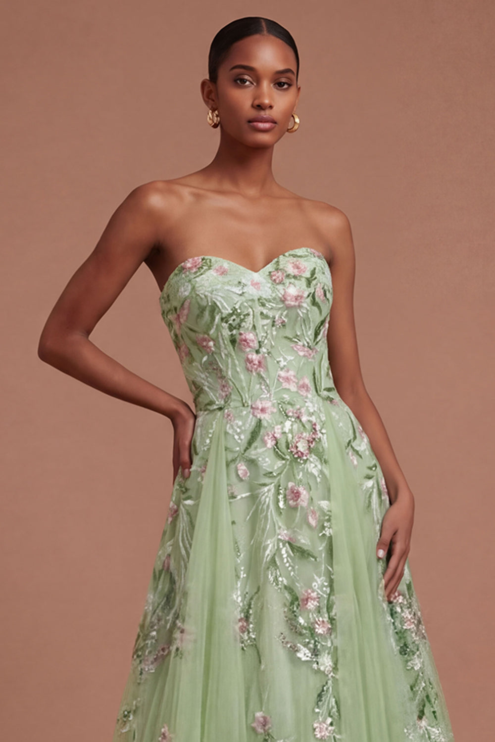 Floral A Line Green Sweetheart Long Prom Dress
