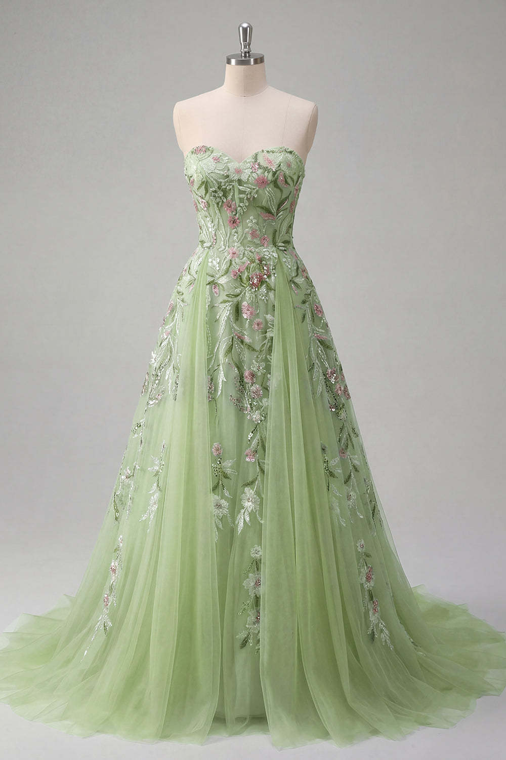 Floral A Line Green Sweetheart Long Prom Dress