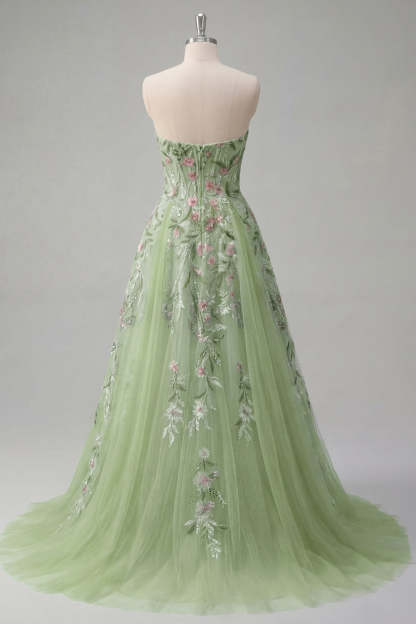 Floral A Line Green Sweetheart Long Prom Dress