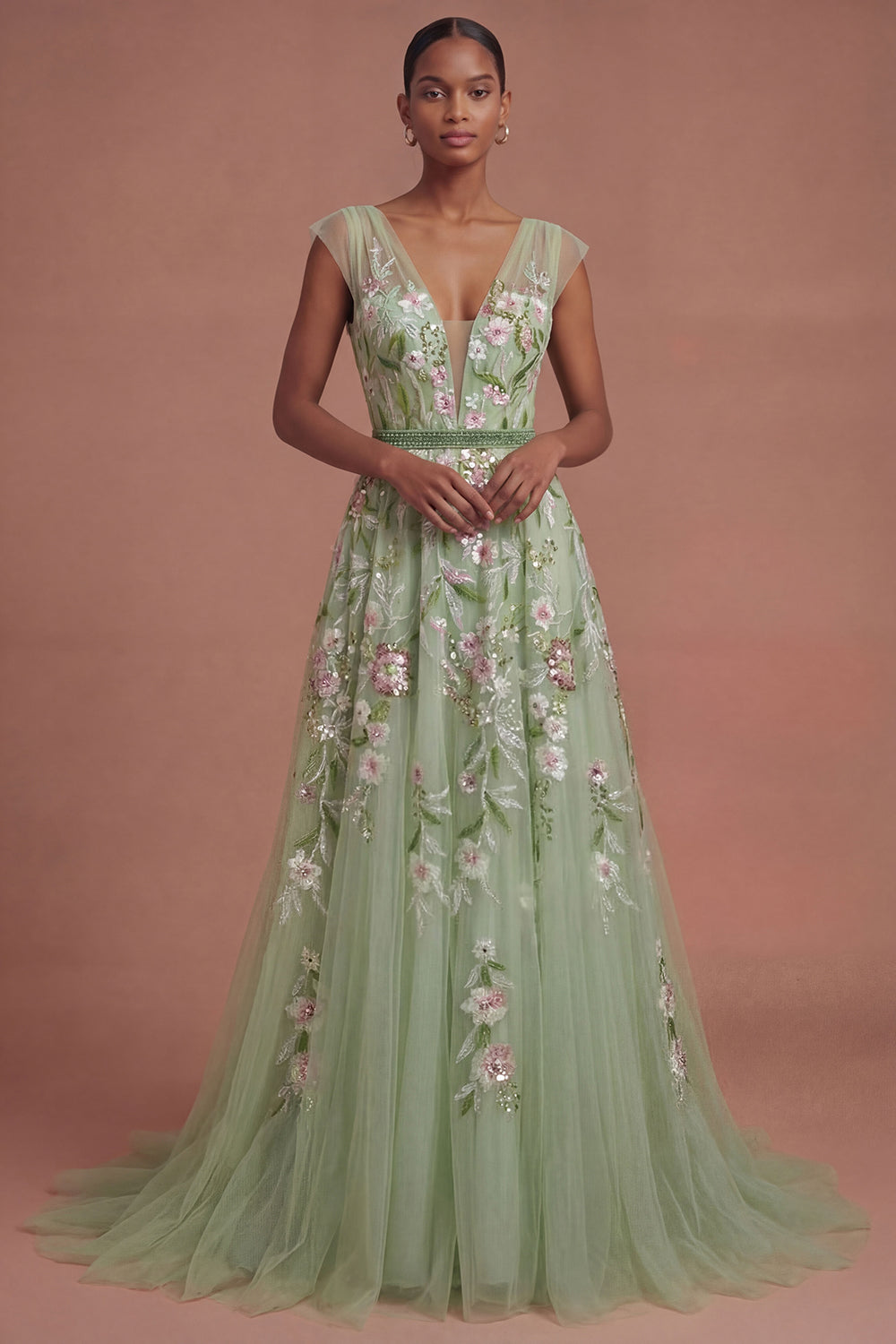 Leely Women A Line V Neck Floral Appliqued Long Prom Dress Sleeveless Backless Evening Dress