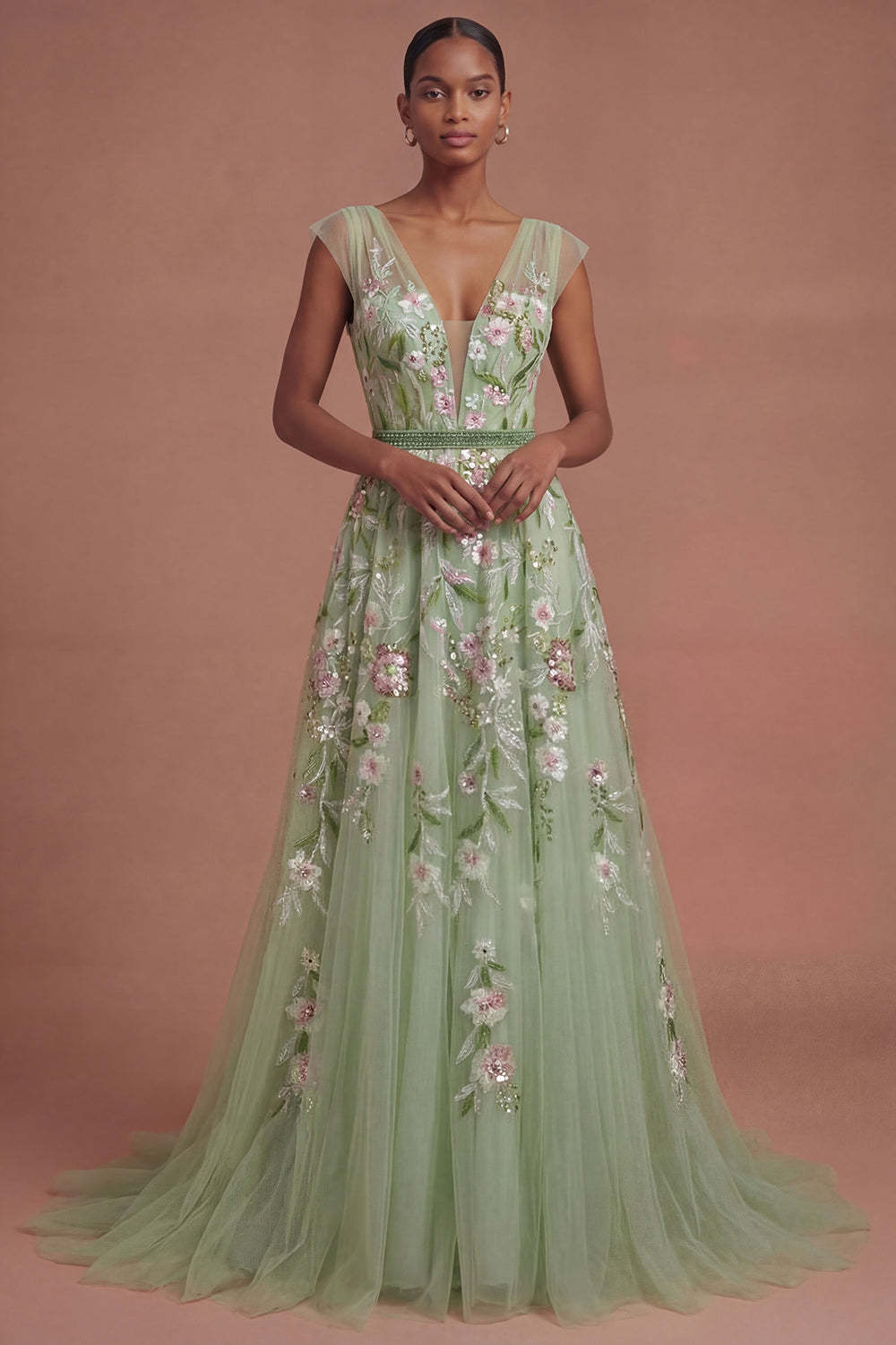 Leely Women A Line V Neck Floral Appliqued Long Prom Dress Sleeveless Backless Evening Dress
