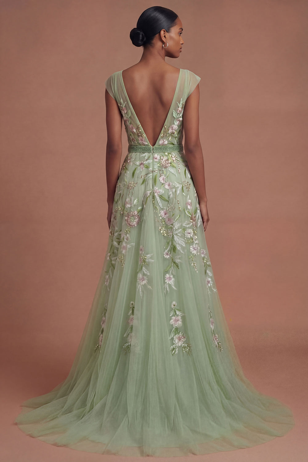 A Line V Neck Floral Appliqued Long Prom Dress
