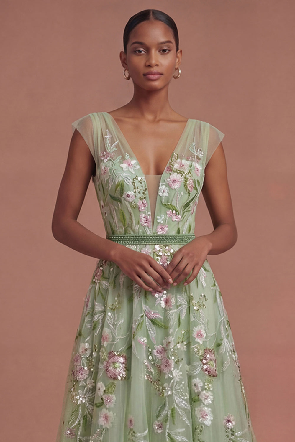 A Line V Neck Floral Appliqued Long Prom Dress