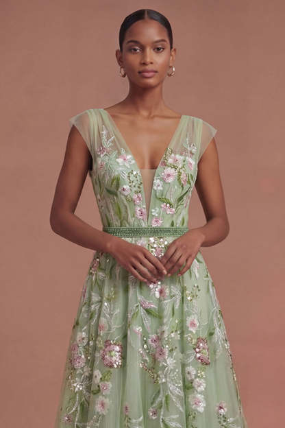 A Line V Neck Floral Appliqued Long Prom Dress
