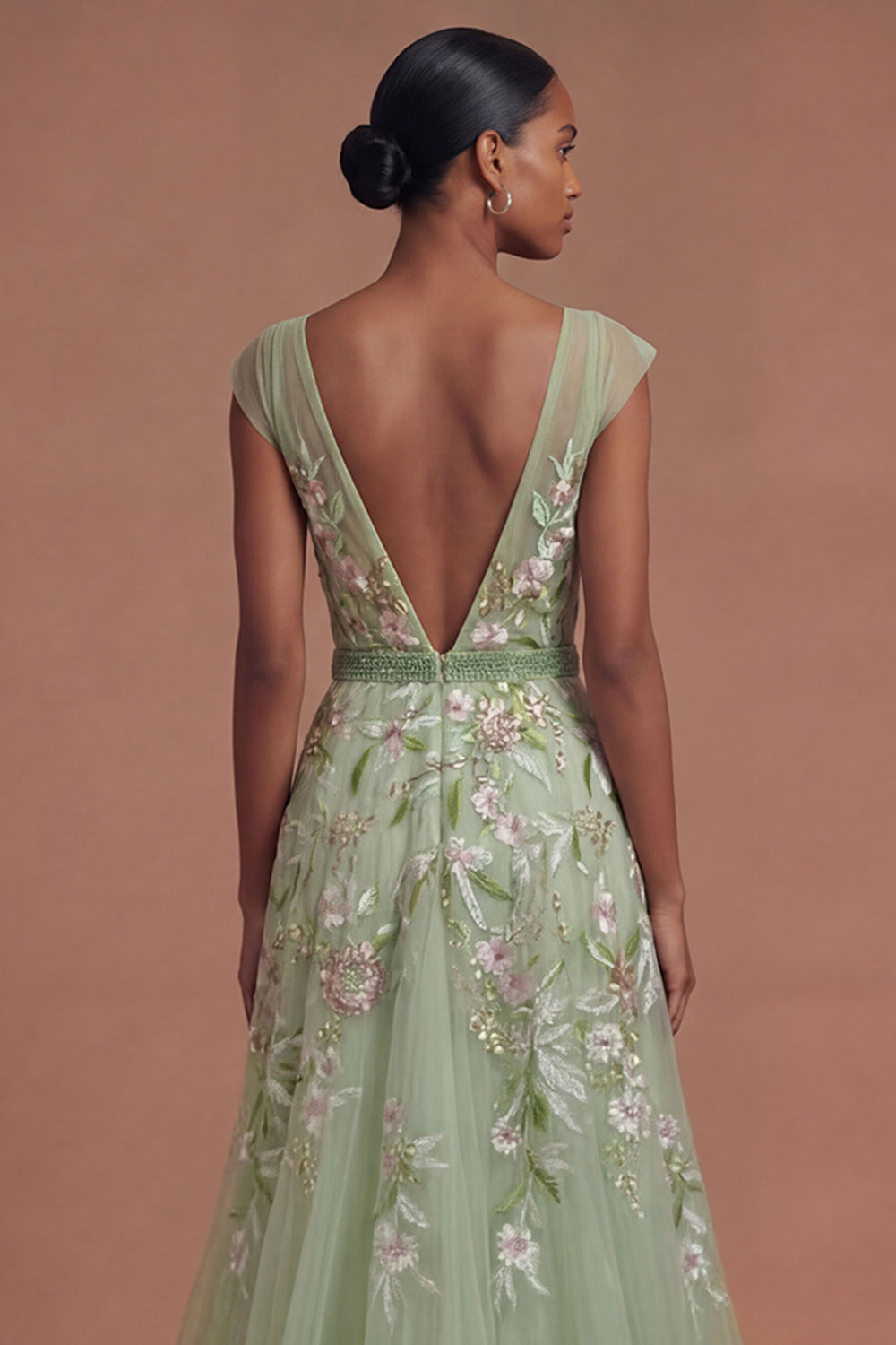 A Line V Neck Floral Appliqued Long Prom Dress