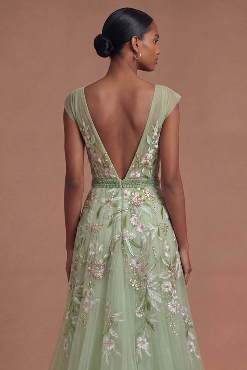 A Line V Neck Floral Appliqued Long Prom Dress