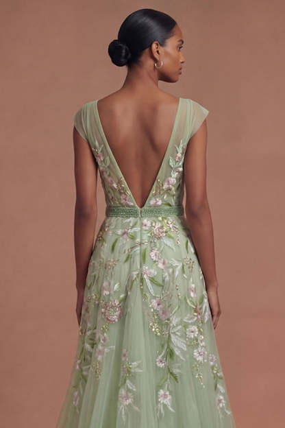 A Line V Neck Floral Appliqued Long Prom Dress