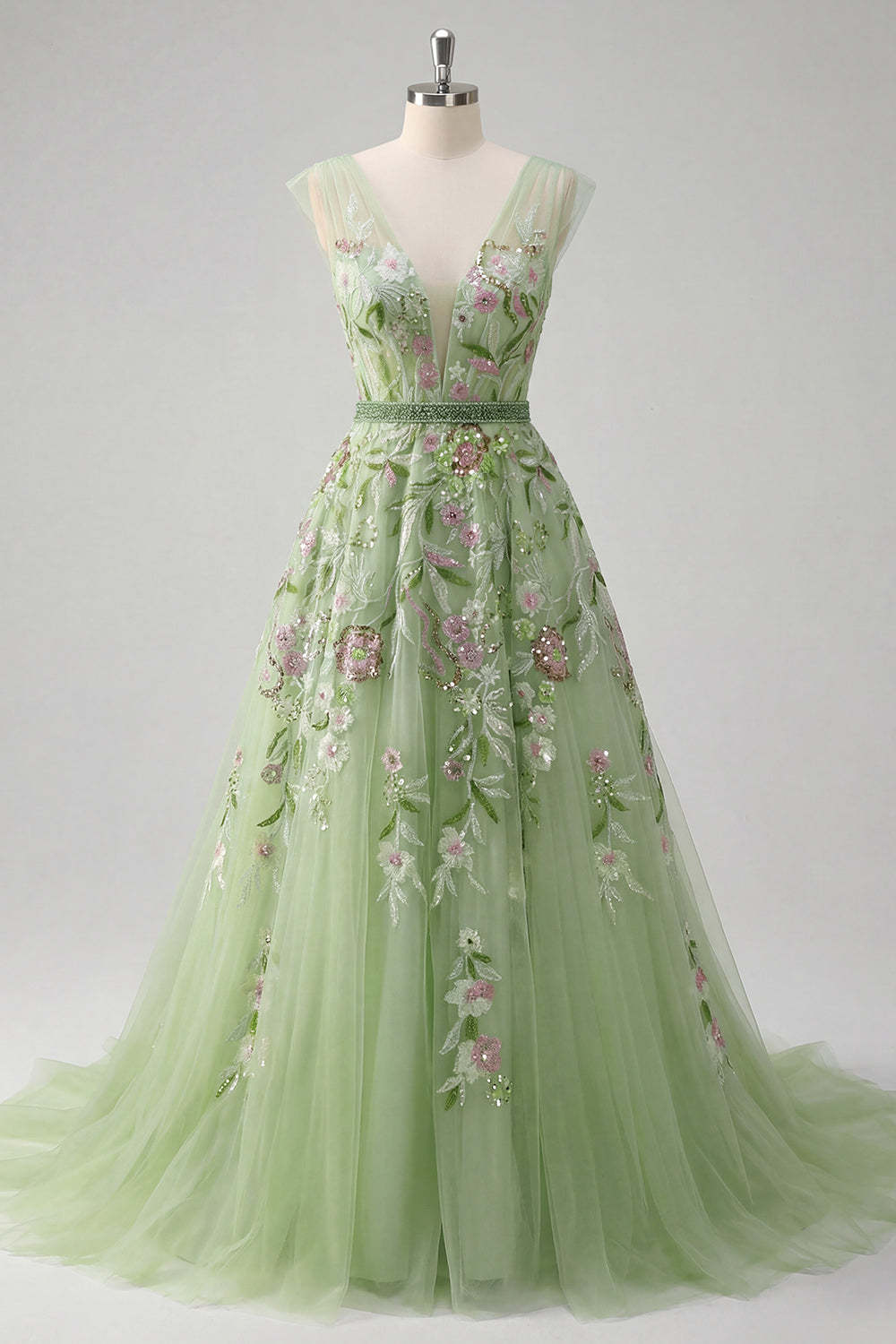A Line V Neck Floral Appliqued Long Prom Dress