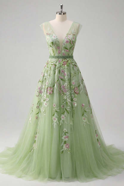 A Line V Neck Floral Appliqued Long Prom Dress