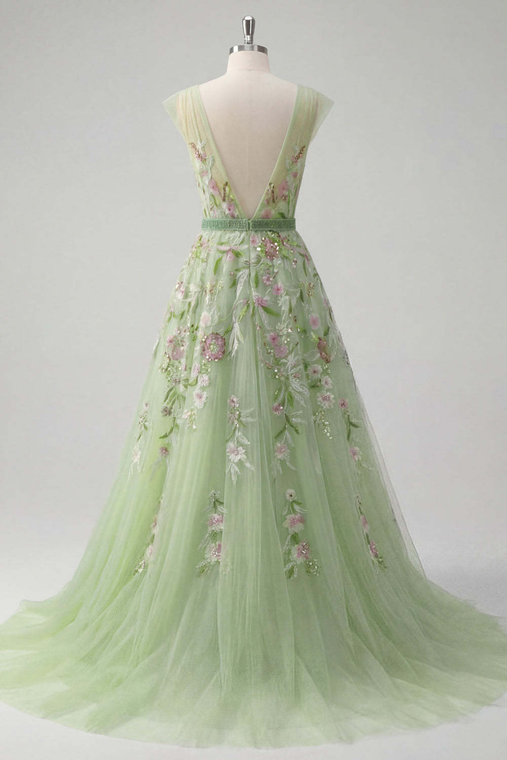 A Line V Neck Floral Appliqued Long Prom Dress