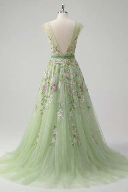 A Line V Neck Floral Appliqued Long Prom Dress