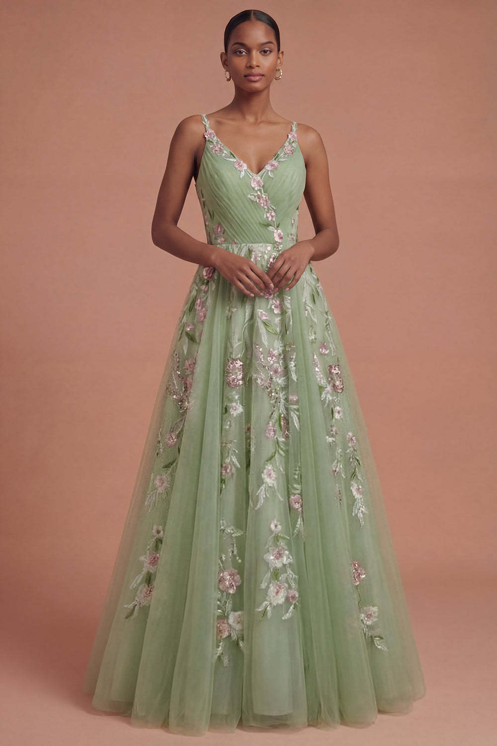 Leely Women Floral Green A Line Spaghetti Straps Long Prom Dress Backless Sleeveless Evening Dress