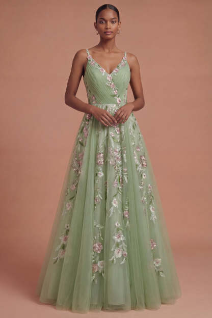 Leely Women Floral Green A Line Spaghetti Straps Long Prom Dress Backless Sleeveless Evening Dress