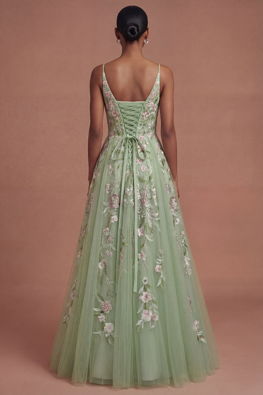 Floral Green A Line Spaghetti Straps Long Prom Dress