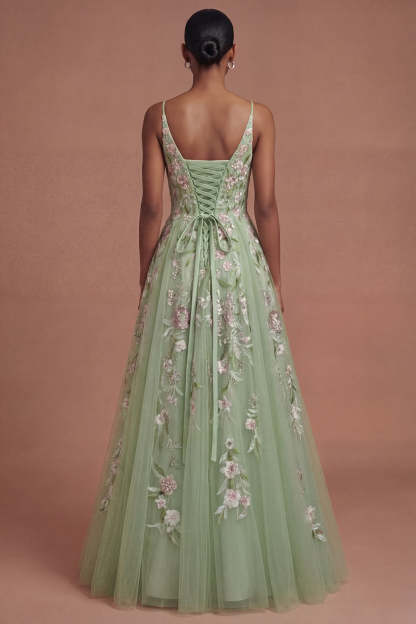 Floral Green A Line Spaghetti Straps Long Prom Dress