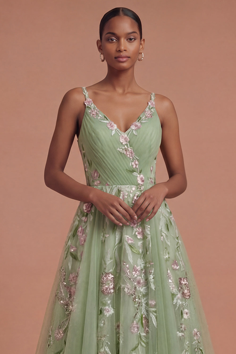 Floral Green A Line Spaghetti Straps Long Prom Dress