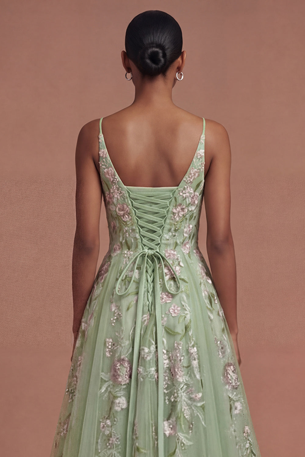 Floral Green A Line Spaghetti Straps Long Prom Dress