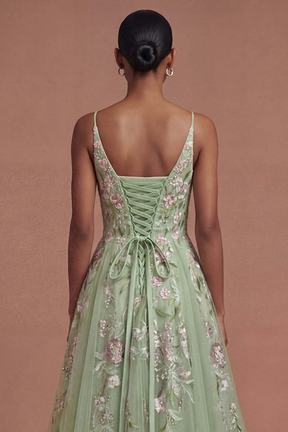 Floral Green A Line Spaghetti Straps Long Prom Dress