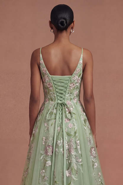 Floral Green A Line Spaghetti Straps Long Prom Dress