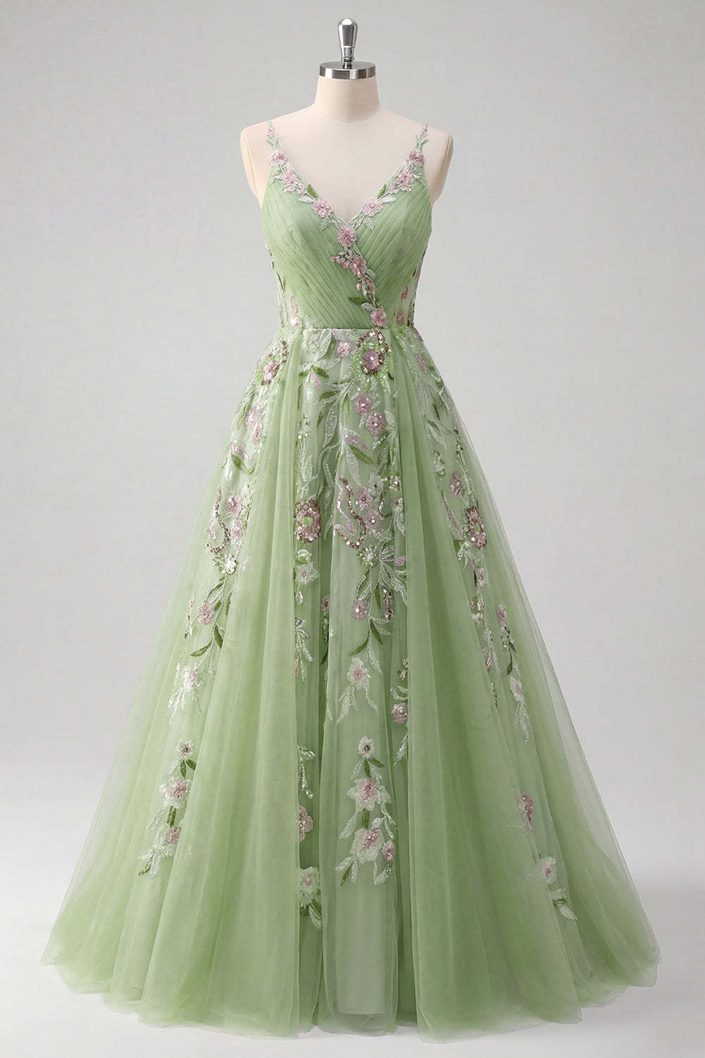 Floral Green A Line Spaghetti Straps Long Prom Dress