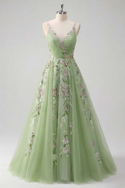 Floral Green A Line Spaghetti Straps Long Prom Dress