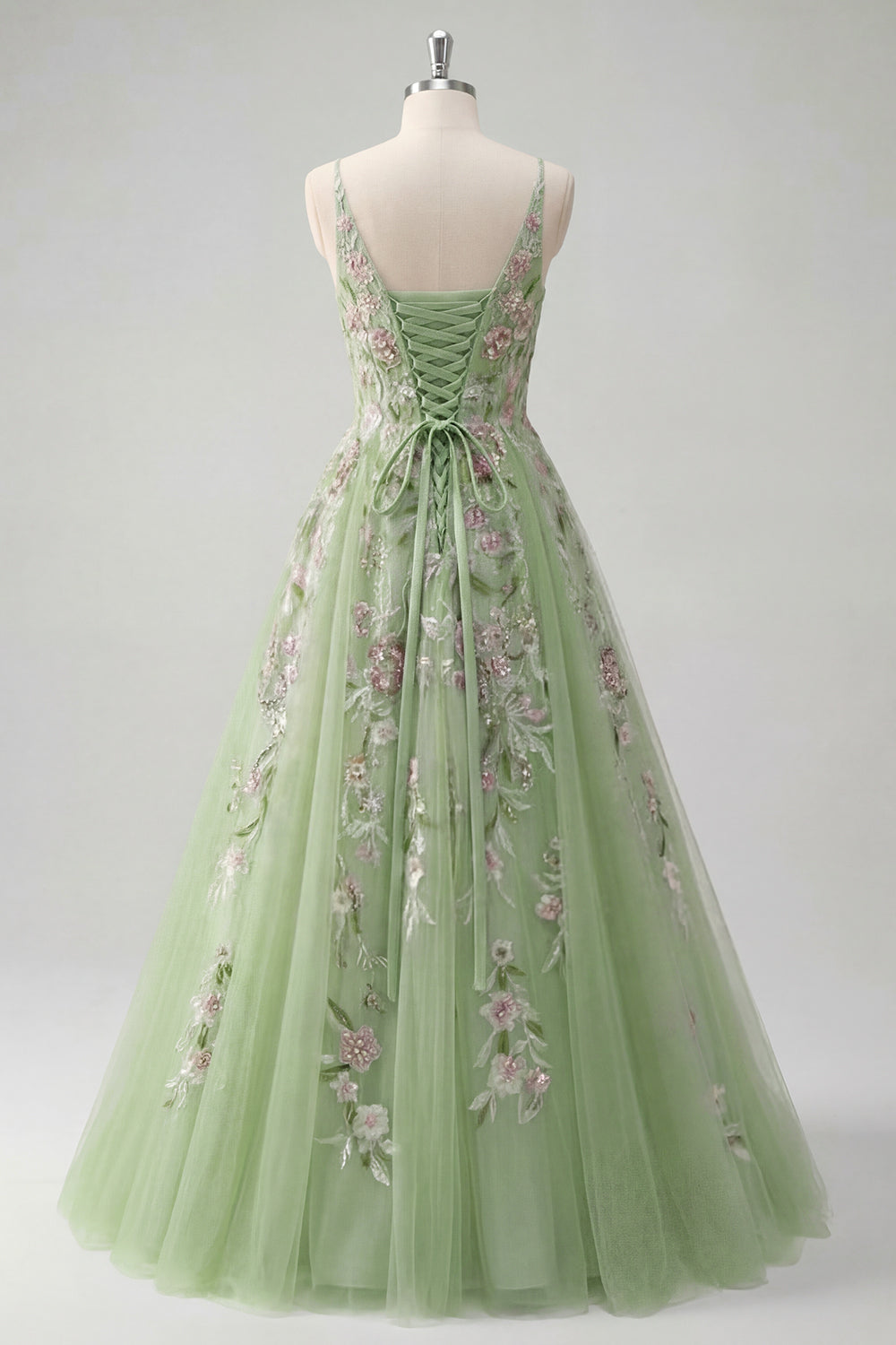 Floral Green A Line Spaghetti Straps Long Prom Dress