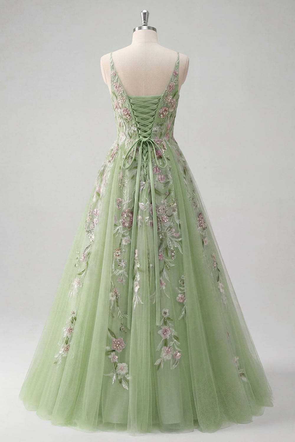 Floral Green A Line Spaghetti Straps Long Prom Dress