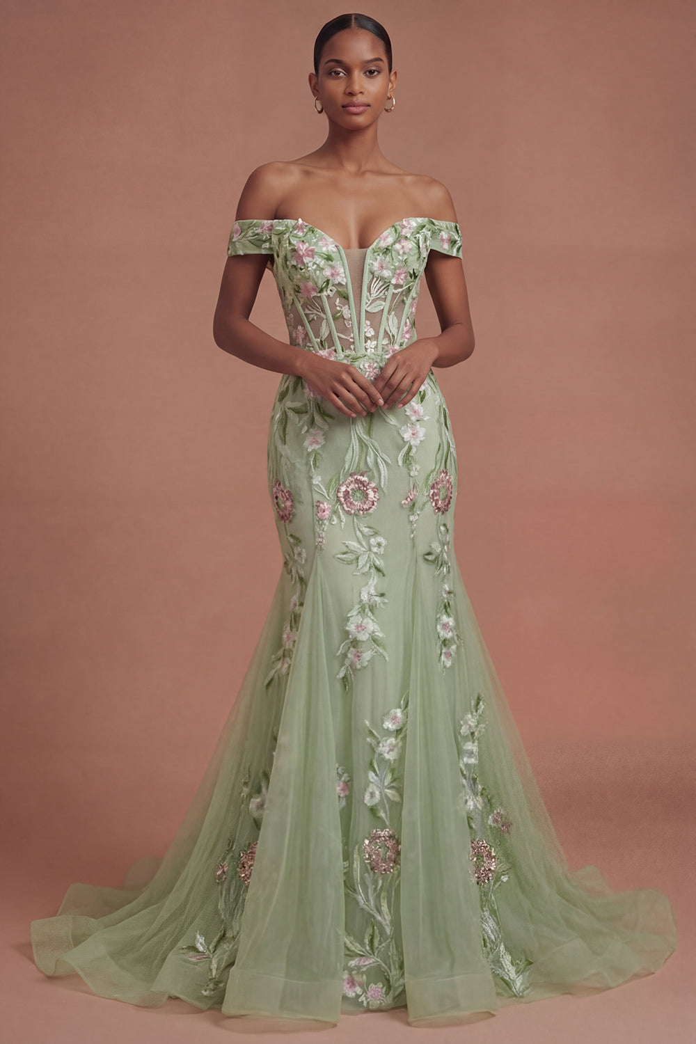 Corset Off the Shoulder Green Floral Long Prom Dress
